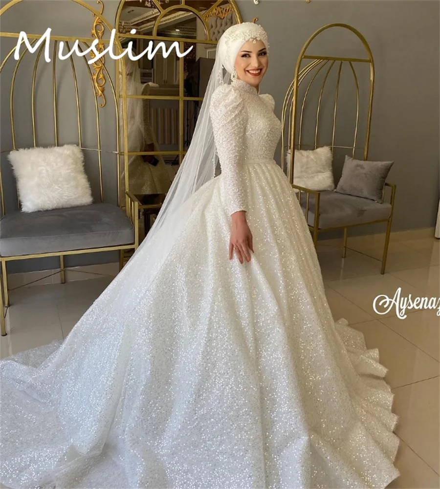 Sparkly Sequin Muslim Wedding Dress Long Sleeve A Line Irish Abaya Bridal Glitter Arabic Islamic Rustic Country Bride Customized