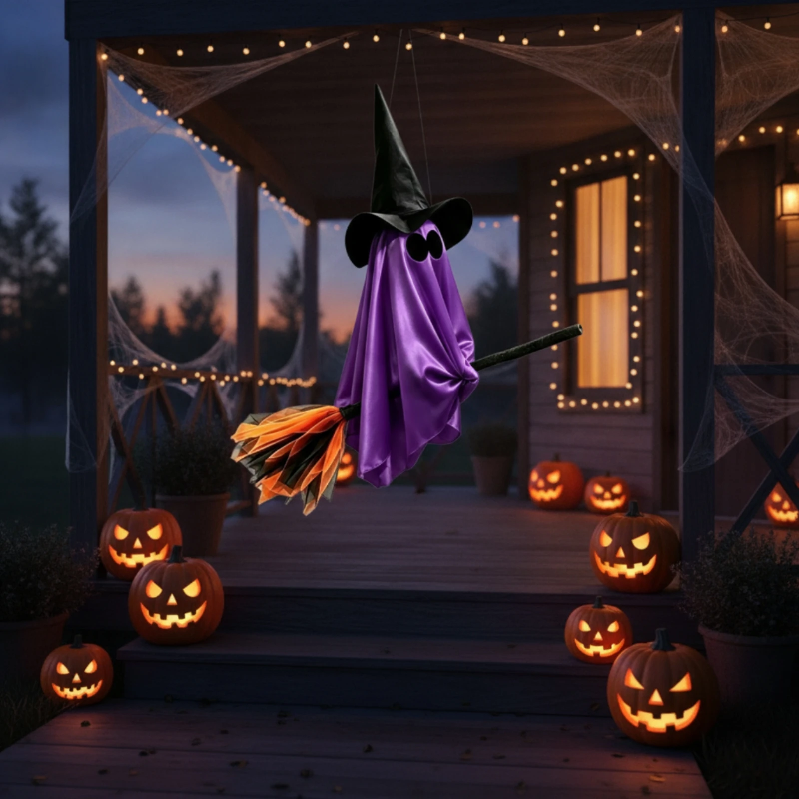 Witch Ghost with Flying Broom Draped Hanging Witch Ghost Decoration Suspended for Porch, Window