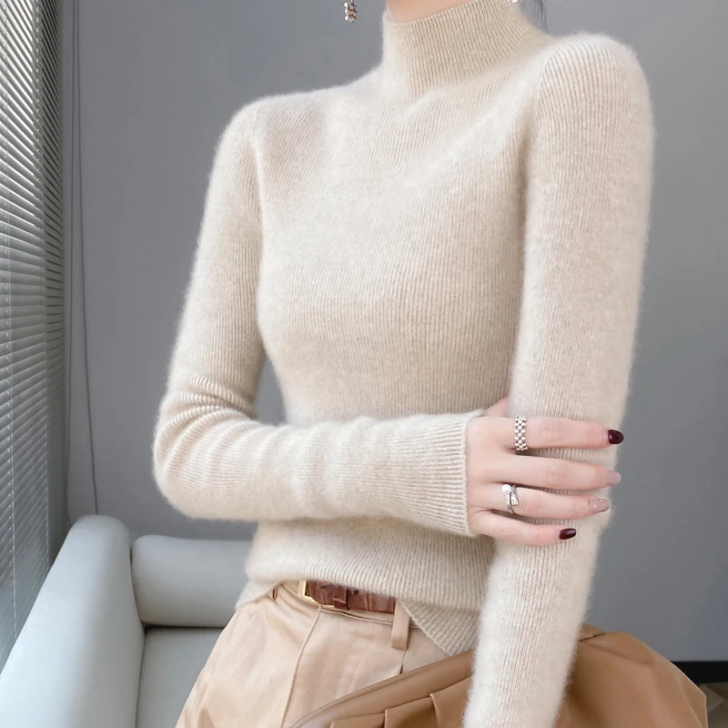 

Wool Cashmere Sweater Women Mock Neck Long Sleeve Tops Knitted Pullovers Autumn Winter Slim Knitwears Clothing Female Jumper