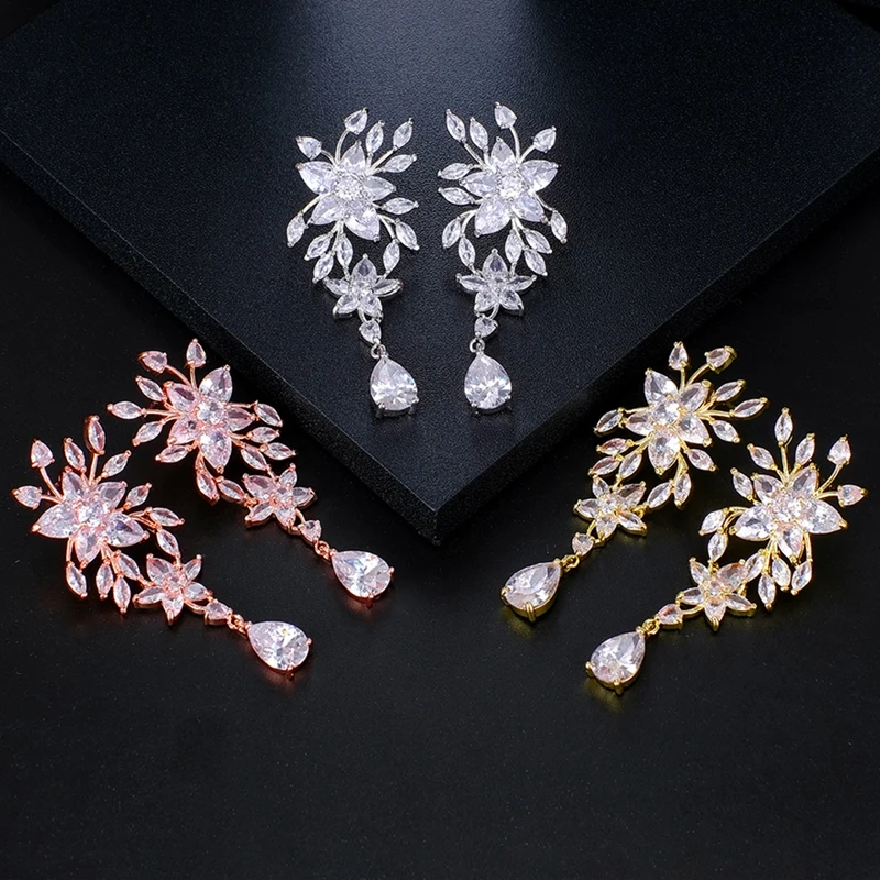 Ekopdee Luxury Leaf Flower Wedding Earrings For Women Fashion Gold Color Crystal Drop Earrings Zirconia Female Jewelry New