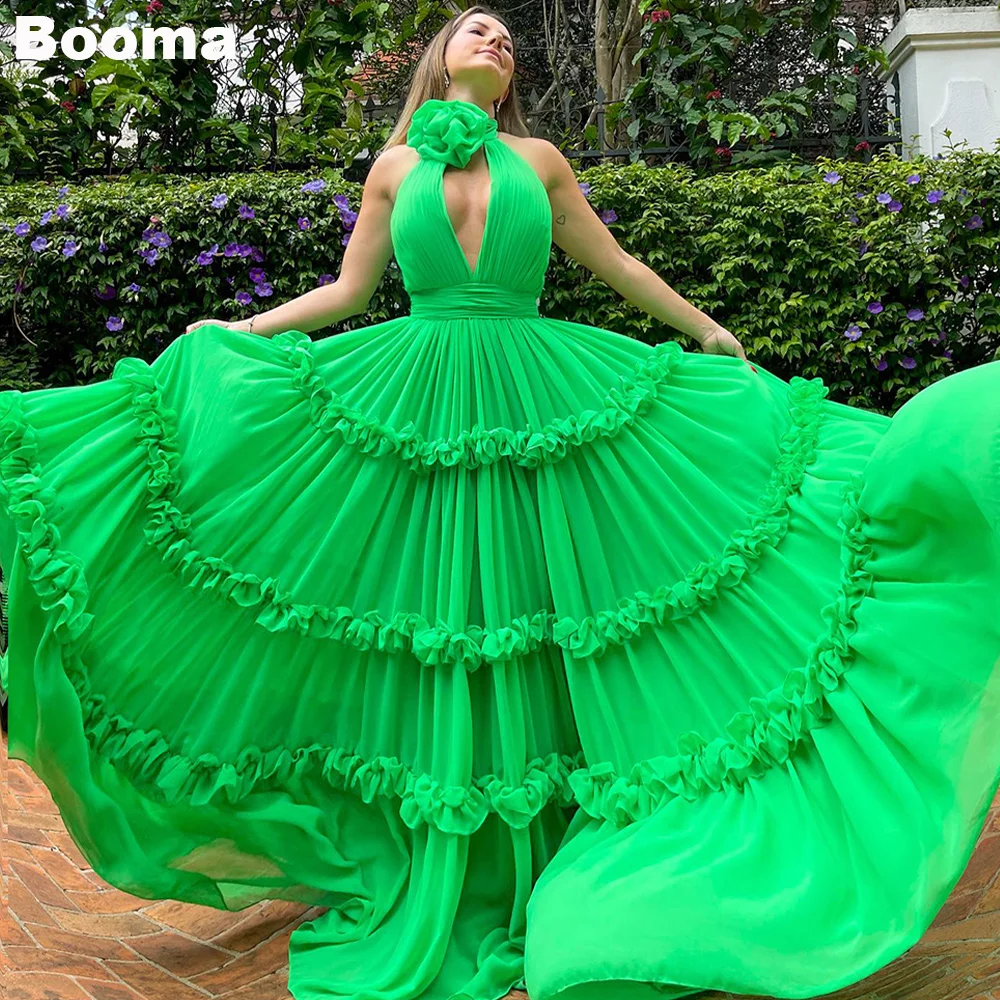 

Booma Green Chiffion A-Line Prom Dresses Halter 3D Flowers Ruched Evening Dress for Women Sleeveless Long Formal Party Gowns