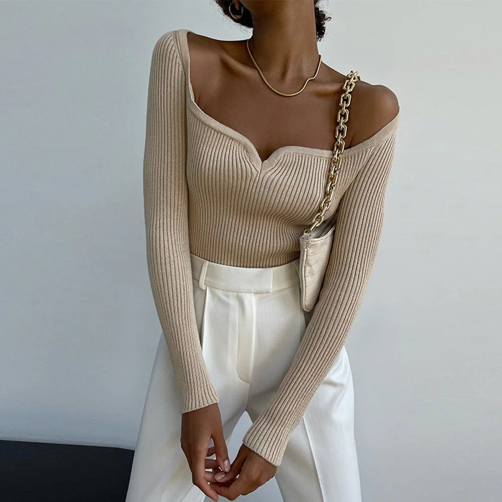 

Ribbed Knit Sweater Tops For Women Irregular Neck Solid Color Long Sleeve Tight Knitted Tee Top Bottoming Pullover Knitwear