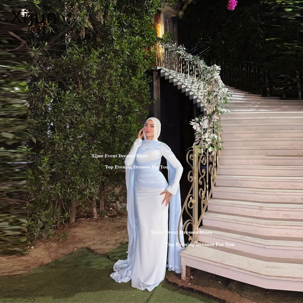 Xijun Elegant Blue Chiffon Evening Dresses Cape Sleeves Pleated Mermaid Prom Dresses Modest Dubai Prom Gowns Women Customized