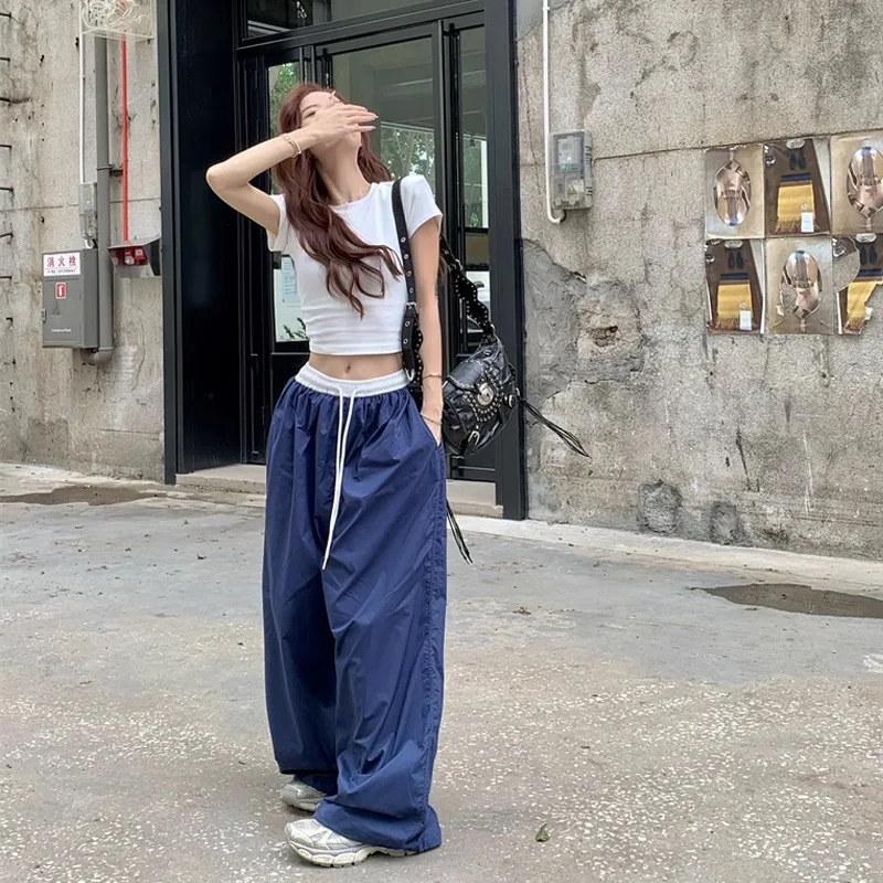 Pantaloni a gamba larga in vita elastica a contrasto di colore Estate sottile da donna 2025 Nuovi pantaloni Yamamoto dritti verticali casual larghi ad asciugatura rapida