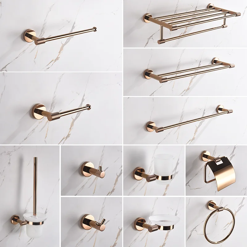 Rose Gold Wall Mount Prateleira Set, Hardware Banho Sanitário, Suporte De Papel, Barra De Toalha, Trilho De Cremalheira, Robe Hook, Cabide,