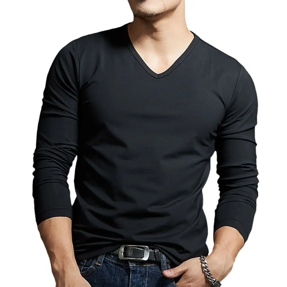 Mens Casual V Neck Long Sleeve T Shirt Slim Fit Dark Gray Base Layer Pullover Tops Breathable Elastic Soft Tee
