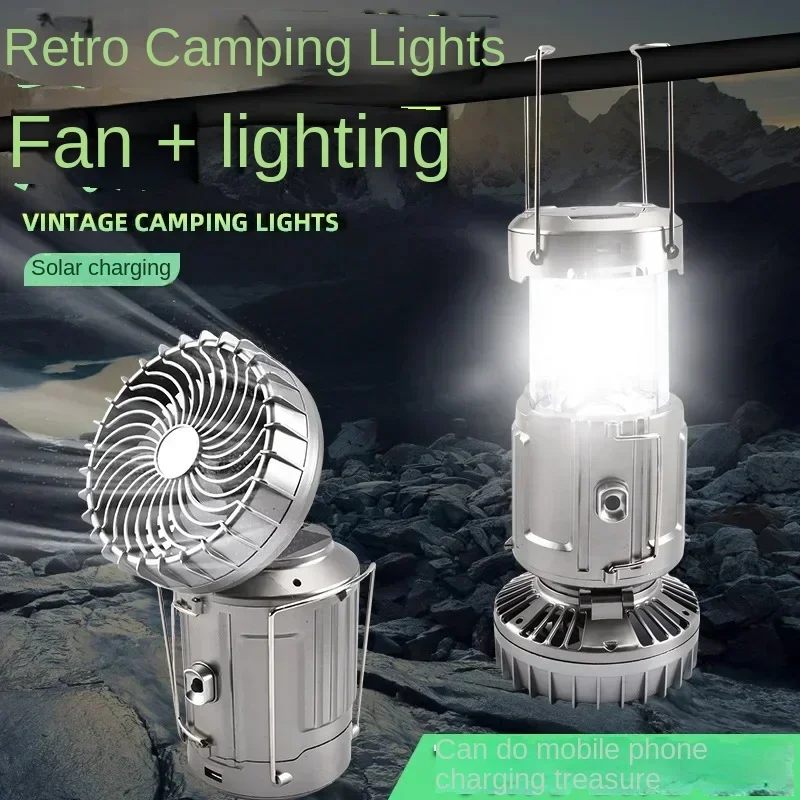 Solar Electric Fan Camping Light Multifunctional Lamp Portable Portable Portable Searchlight Outdoor Waterproof Camping Light