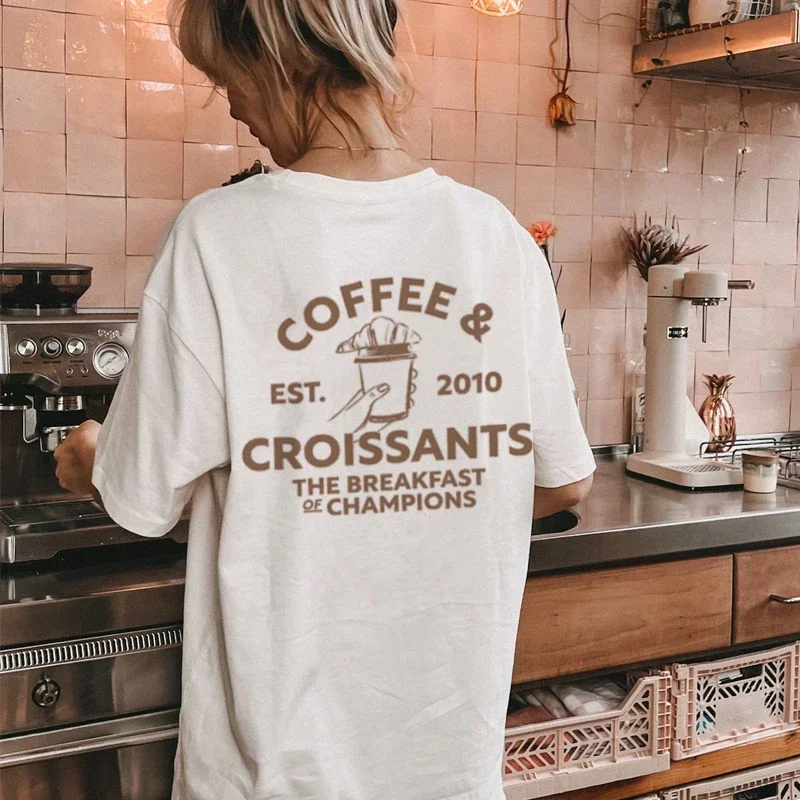Kaffee Croissants Grafik T-Shirt Süßes Frühstück Foodie Shirt Übergroße Retro Ästhetische Streetwear Tops Damenmode Kleidung