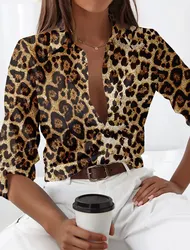 Camisa estampada de leopardo feminina, camisa de lapela extragrande com botão, tops da moda feminina, moda primavera e outono