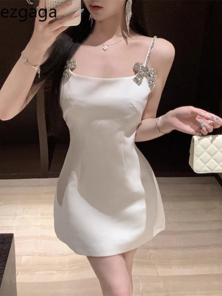 Ezgaga imprezowa sukienka kobieta elegancka kokardka ze strasem bez rękawów szczupła głęboki dekolt bez pleców seksowne eleganckie Mini sukienki