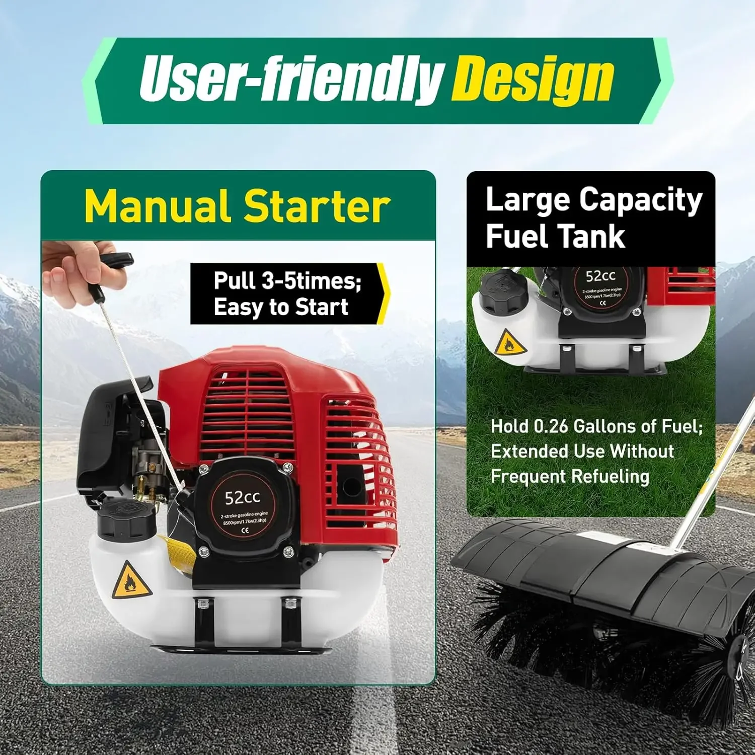 Outdoor Hand Held Gas Power Broom, 52cc Gasoline Power Broom Walk Behind Sweeper Cleaning Driveway Tools High Performance Cleane