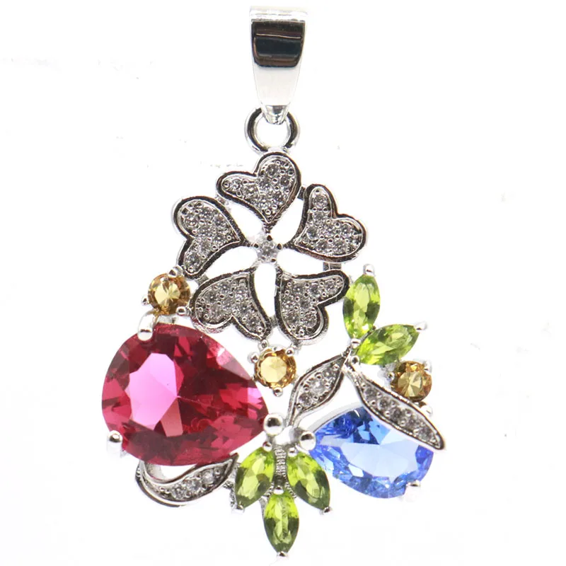 

39x23mm Colorful Fancy Tourmaline Citrine Peridot Violet Tanzanite Rich Blue Aquamarine White CZ Women Daily Wear Silver Pendant