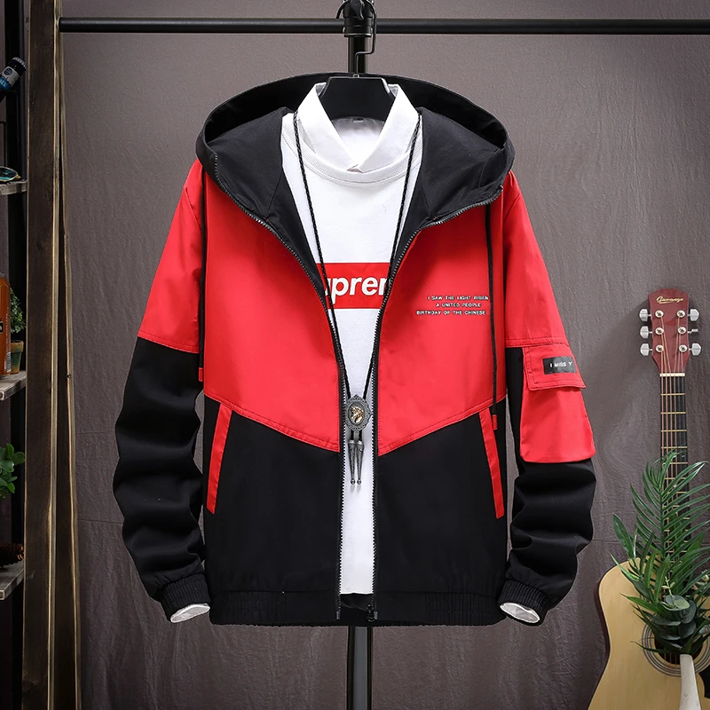 

Men's Flying Jacket Spring and Autumn Windproof Color Block Irregular Pattern Printed Hooded Coat Casual Outdoor Street Clothing