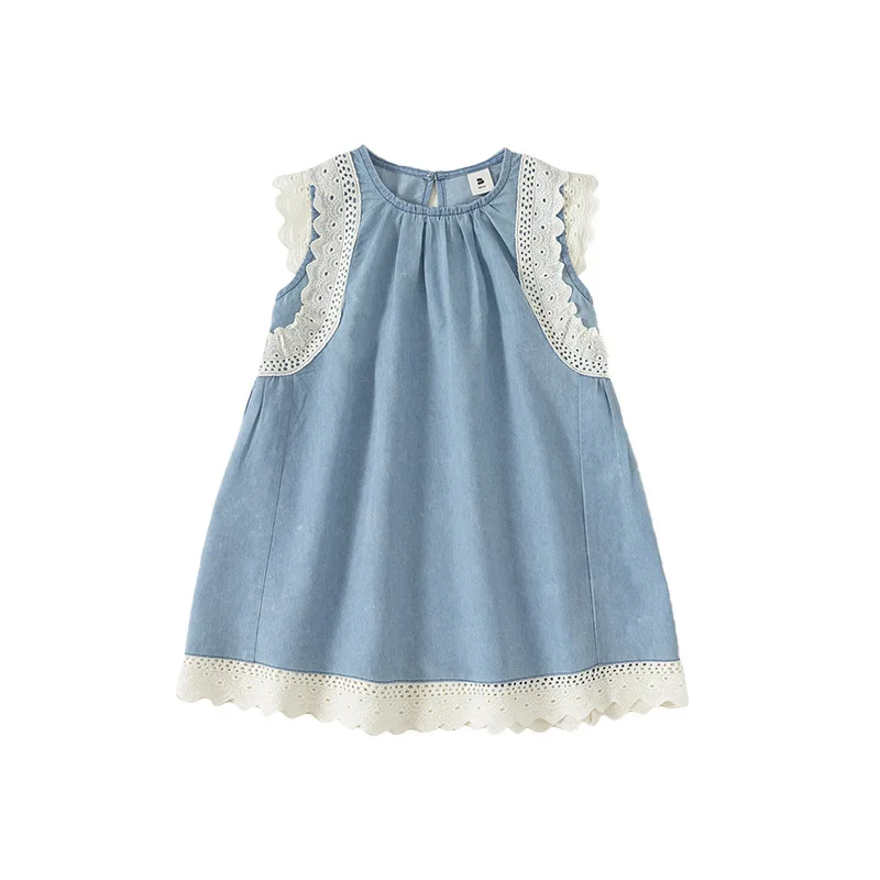 kids girl clothes sleeveless fashion cute style denim dress with lace summer dressing baby girl wear clothing