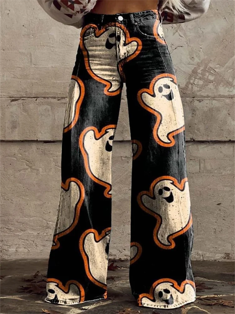 

NEW SPRING/SUMMER 2024 CUTE GHOST PERSONALITY DESIGN CLASSIC COMFORTABLE WIDE LEG 3D PRINTED CASUAL IMITATION JEANS FOR WOMEN