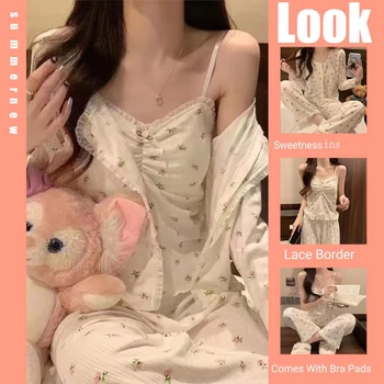 Three-Piece Pajamas Female Long-Sleeved Sling Ladies Homewear Korean Version Of The Sweet…