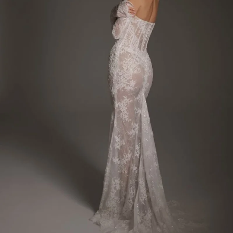 Vestidos de novia blancos de encaje con hombros descubiertos, falda con purpurina, cola desmontable, vestidos de novia hechos a medida