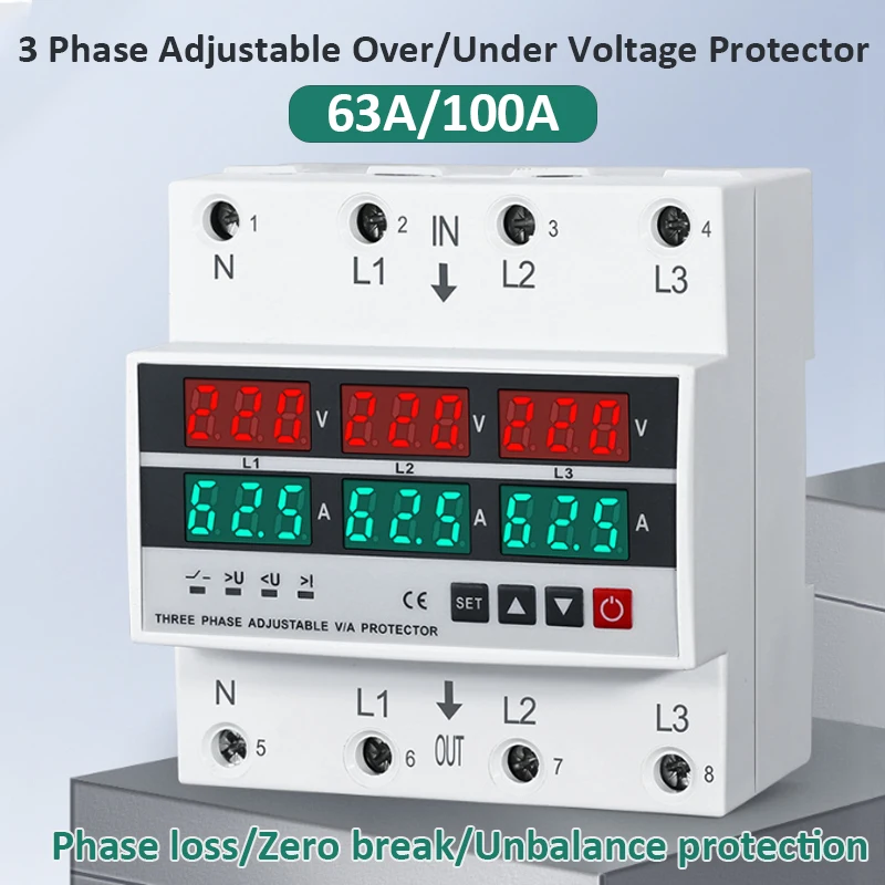3 Phase Adjustable Over and Under Voltage Protector Overcurrent Protection 63A/100A Din rail Voltmeter Ammeter Relays Protector
