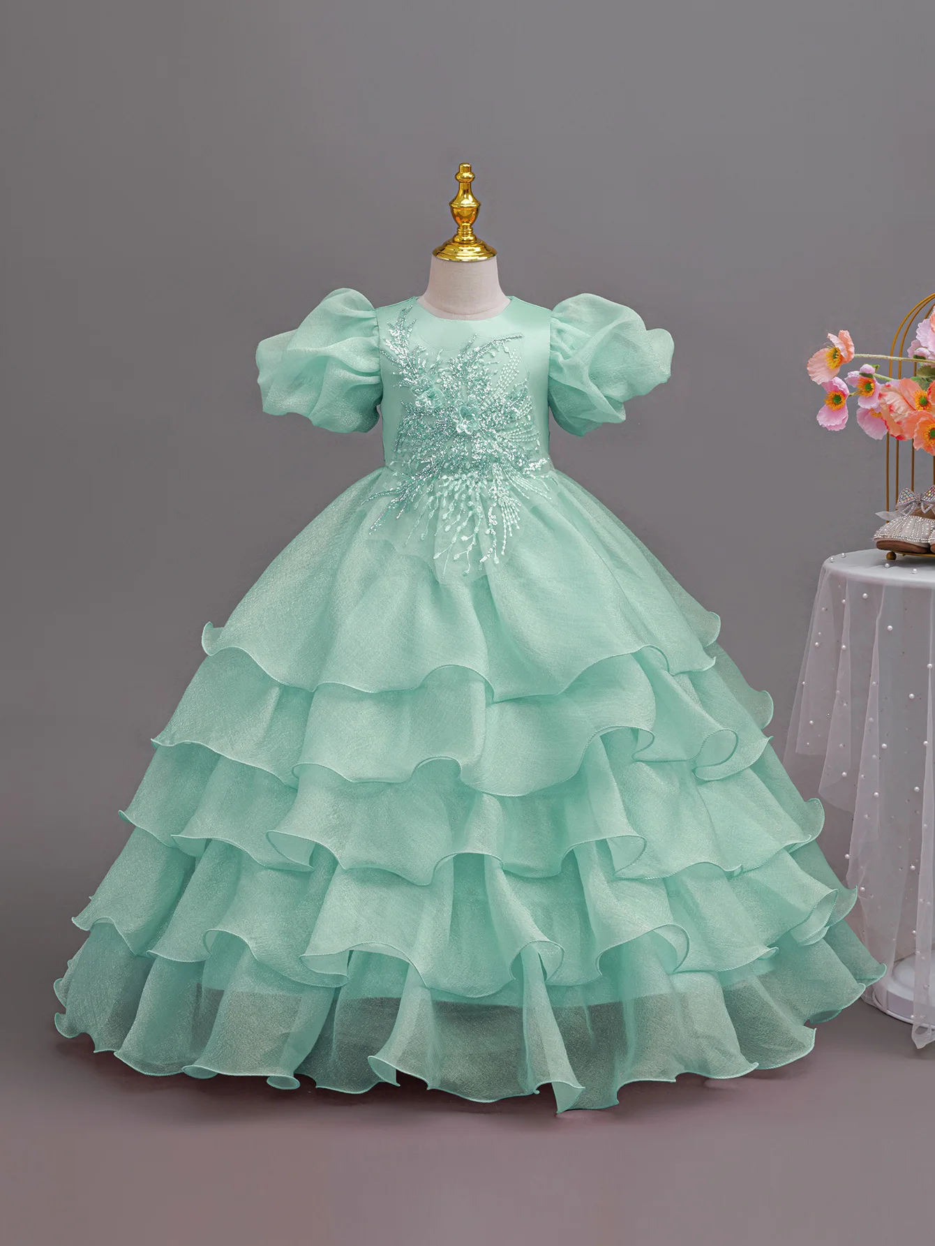 New Girl Evening Party Dress Layered Gown Child Girls' Festive Dresses Kid's White Clothes Tulle