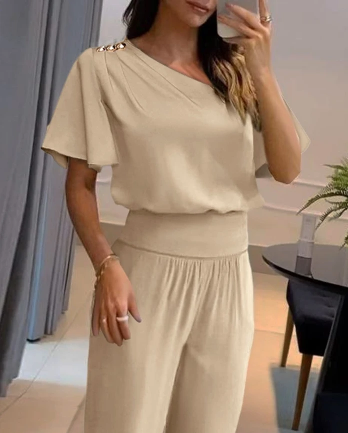 Ladies Summer New Fashion Sports Cold Shoulder Single Shoulder Bell Sleeves Pleated Top and High Waist Flipped Long Pants Set