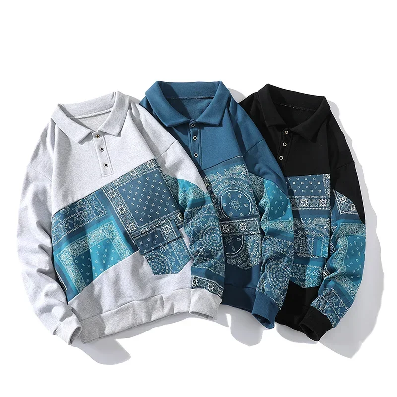 

2023 Autumn New Men's Long Sleeved POLO Sweater Sweater Jacket Hong Kong Style Casual Retro Printed Color Block T-shirt