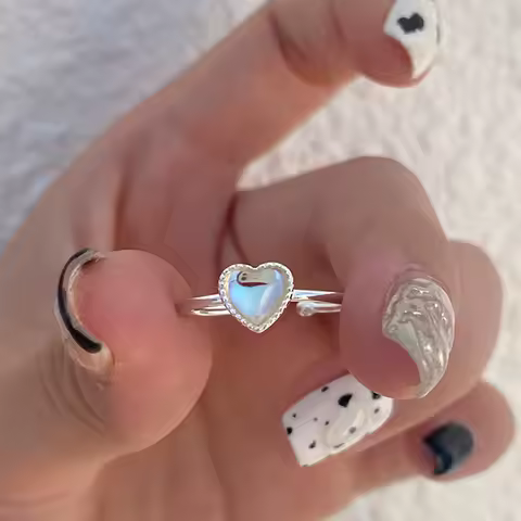 925 Sterling Silver Elegant Designer Jewelry Heart Moonstone Zircon Adjustable Rings For Women Stackable Ring Prevent Allergy