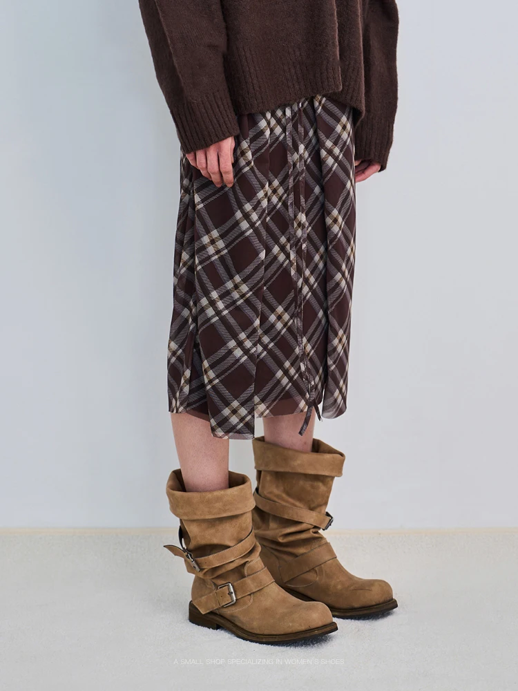 

Штабелированные сапоги цвета хаки с пряжкой Брюки с круглым носком на блочном каблуке Botines Потертые слипоны до середины икры Botas Femininas