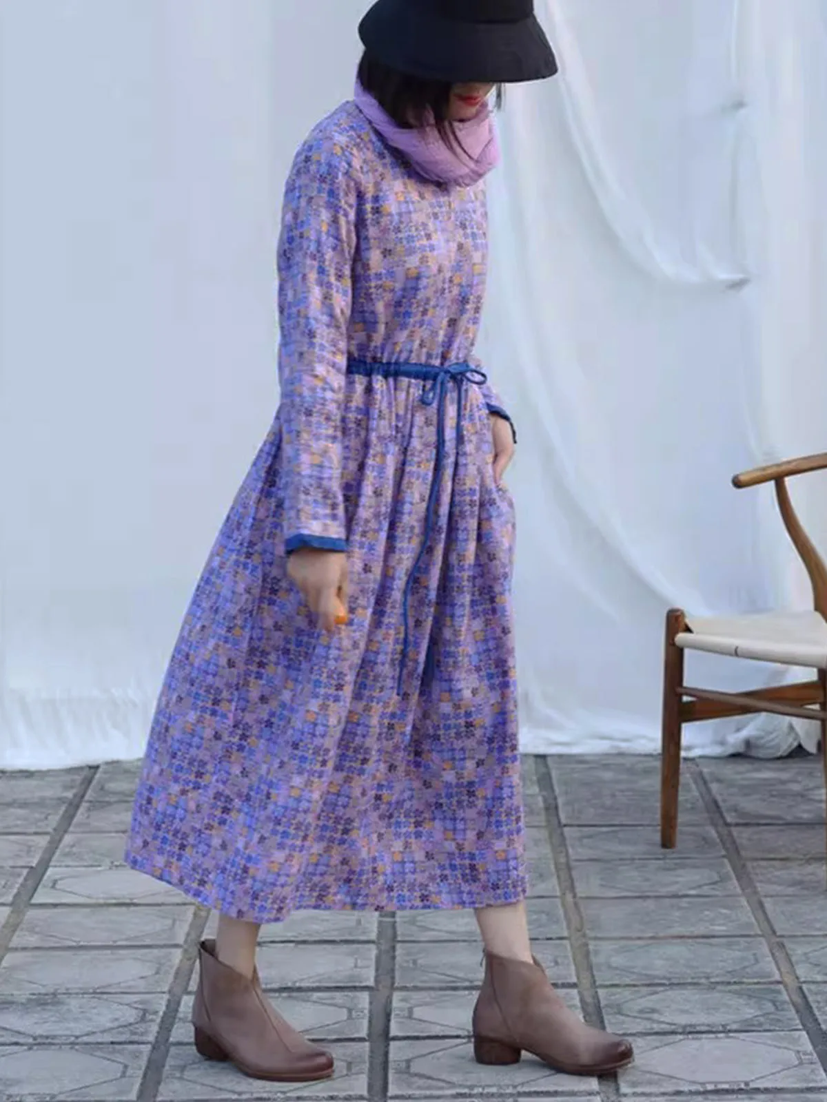 Falda MIDI por encima de la rodilla de ramio de calidad con estampado Vintage, vestidos de ocio de invierno para mujer, bata tipo túnica de manga larga con forro polar y bolsillos