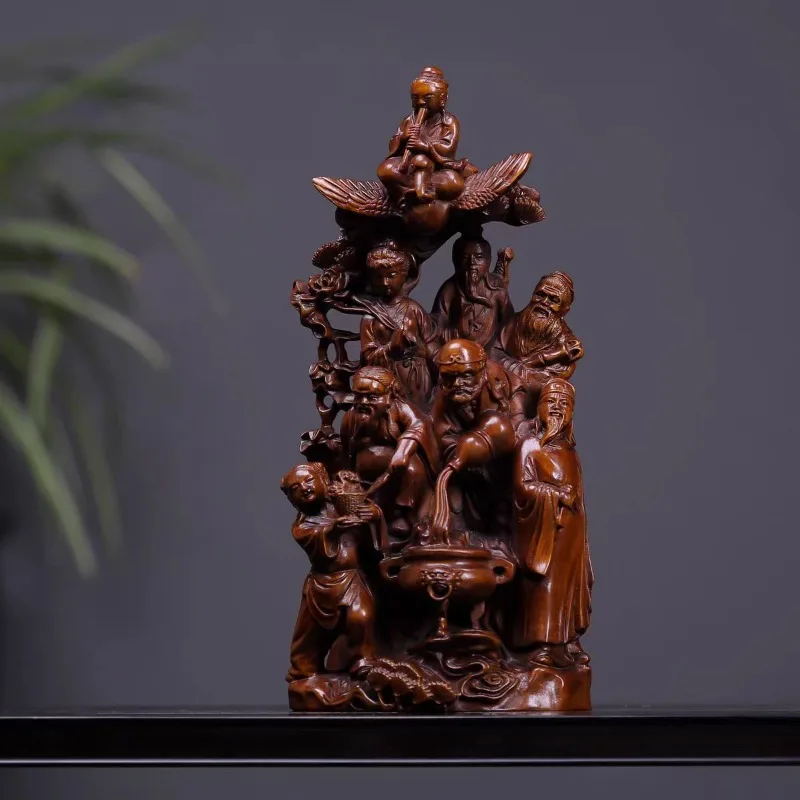 Hand-Carved Boxwood Eight Immortals Crossing Sea Statue - Solid Wood Carving Figurine Home Decor Living Room Gift (Size Needed)