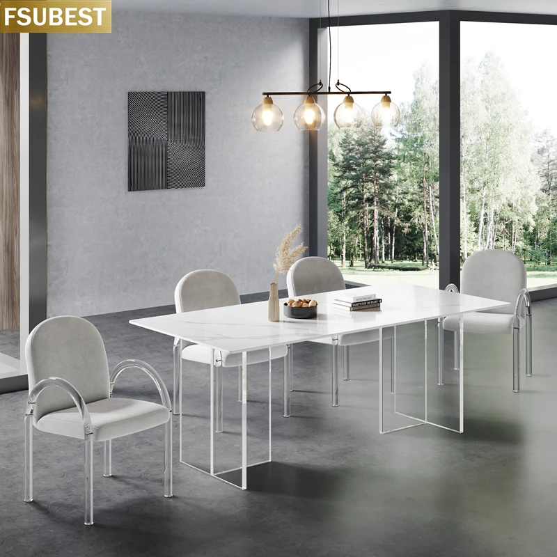 FSUBEST Modern Rock Slab Kitchen Dining Table With 6 Chairs Set Acrylic Floating Base Dinner Tables Set Cadeiras De Jantar
