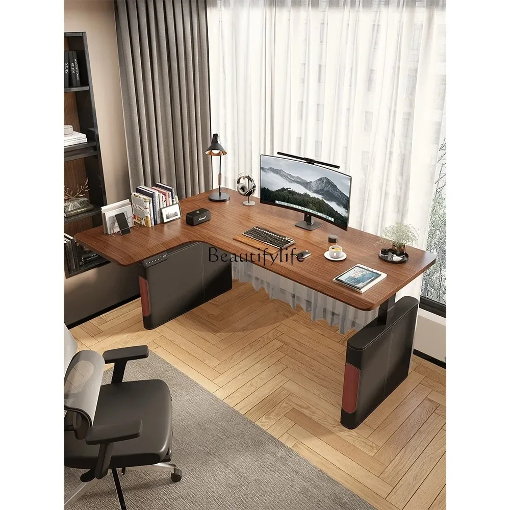 

Corner Solid Wood Electric Lifting Desk Corner Computer Desk Saddle Leather Black Walnut Color Desk