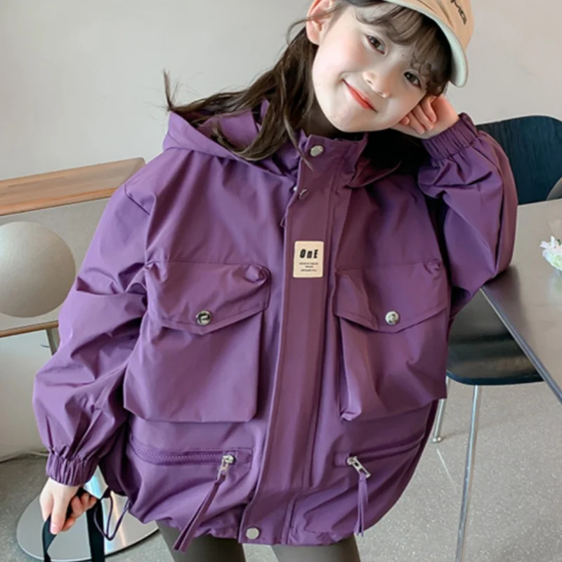 Girls Coat Overcoat Jacket Windbreak Outerwear 2024 Purple Spring Autumn Cotton Plus Size Teenagers Children\'s Clothing