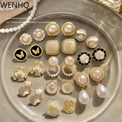 WENHQ Hot Sale Gold Color Clip on Earrings Fashion Enamel Pearl Fake Piercing Ear Cuff Earrings Cute Butterfly Flower Ear Clip