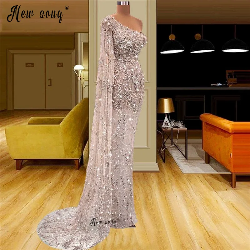 One Long Cape Sleeve Evening Gowns Luxury Full Beaded Wedding Party Dresses Dubai Formal Prom Occasion Dresses Host Dress Custom