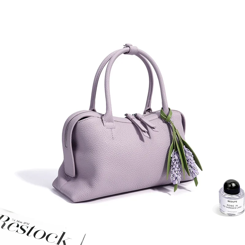 

2026Hot Sale Simple Pillow Tote with Flower Pendant Lavender Pink Color Genuine Cow Leather Female Shoulder Bag Commuter Handbag
