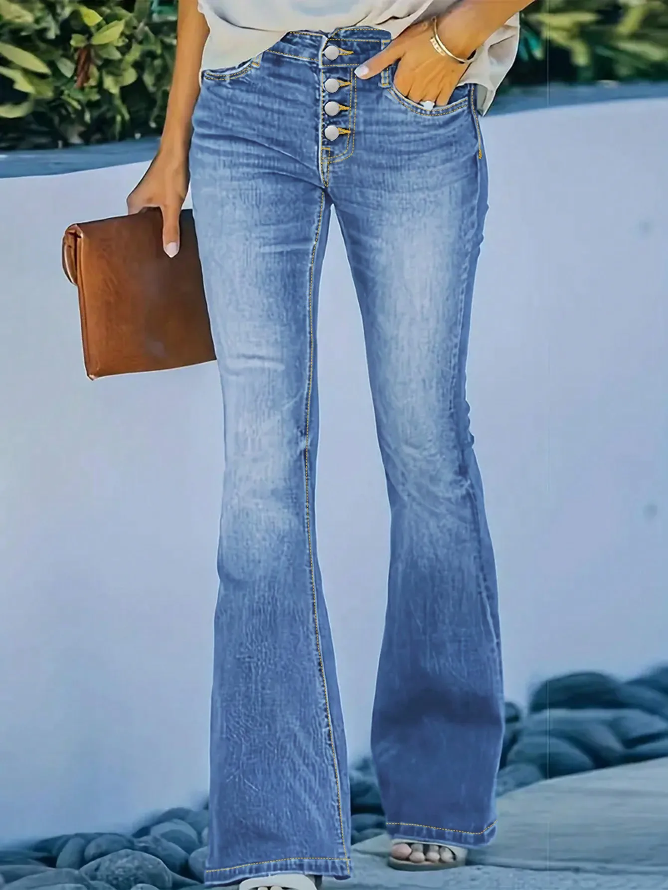 

WGXWGX Women's High-Waisted Slim Fit Flared Jeans Button-Front Stretch Denim Retro 70s Trend Casual Flared Trousers