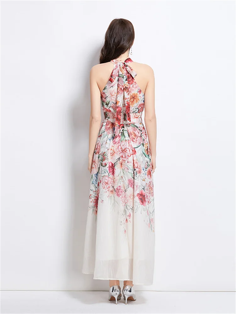 Elegancki kwiatowy nadruk Vintage O-Neck bez rękawów długa, maksi sukienka na co dzień bez rękawów w pasie wakacje plaża odzież damska