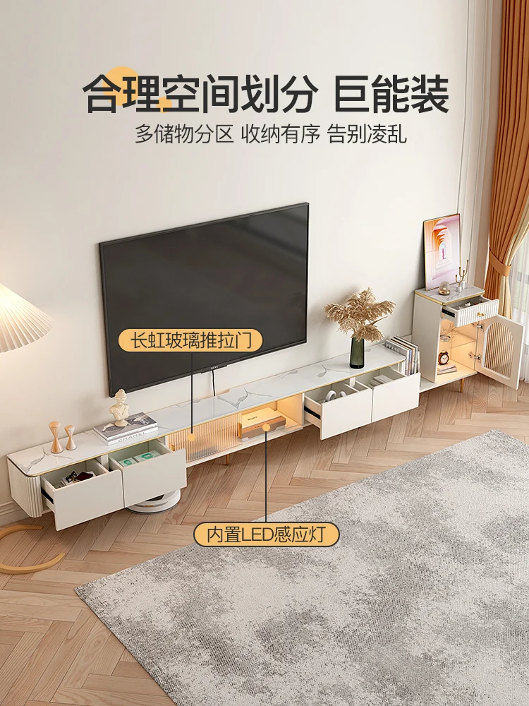 Luxury cream wind rock plate telescopic TV cabinet next to the cabinet narrow modern simple small living room