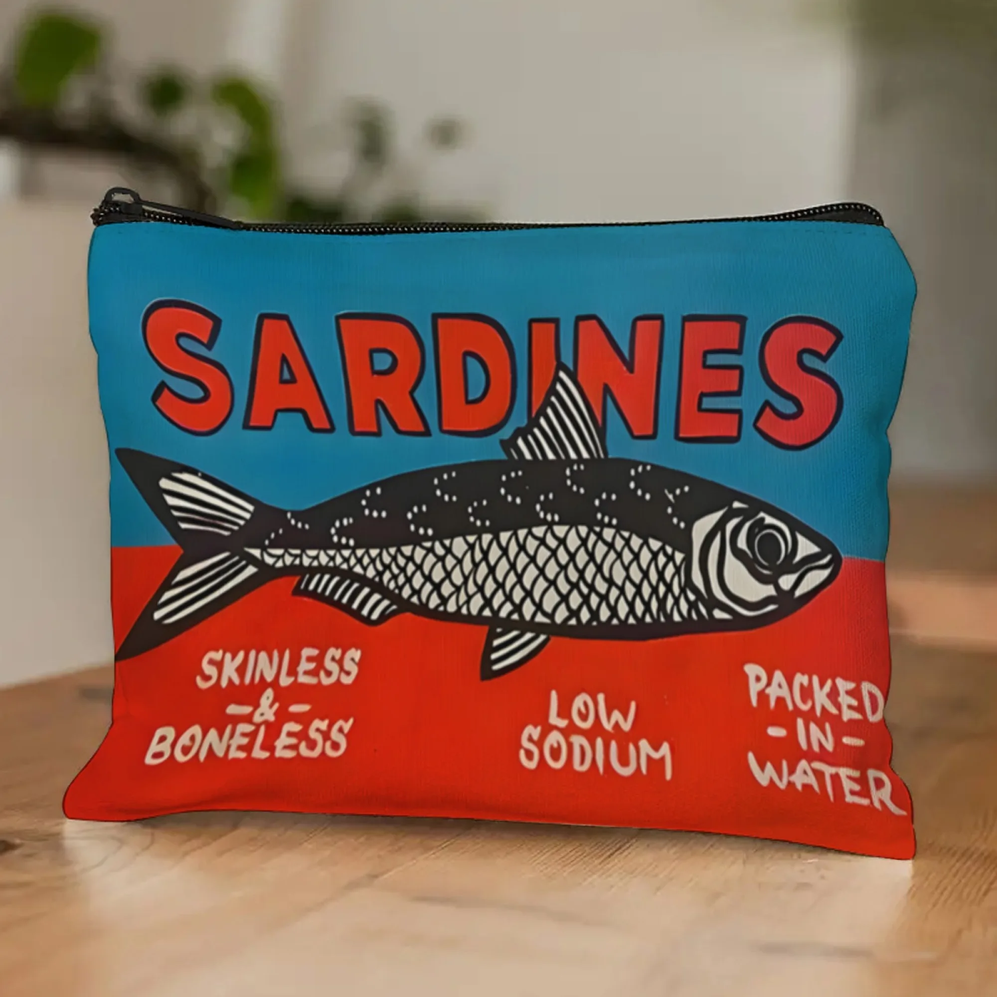 

Retro Sardines Zip Cosmetic Bag Skinless Boneless Sodium-Free Water Design White with Blue & Red Accents Makeup Pouch for Adults