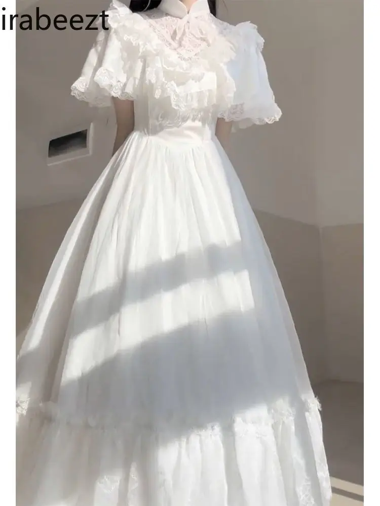 Fashion Tea Break French Gentle Style White Puffed Sleeve Robe Summer Escape Princess Vintage Birthday Dress for Women