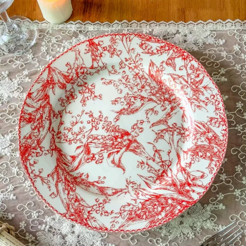 Red Lily Of The Valley Porcelain Dinner Plates, Medieval Pastoral Food Plate, Dining Plates for Kitchen, Tableware, Dinnerware