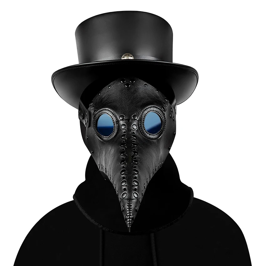 หนัง Plague Doctor Steampunk หน้ากากคอสเพลย์อะนิเมะฮาโลวีนหมวก Masquerade น่ากลัวปลอมตัวหน้ากากใบหน้าสีดําสําหรับชาย Carnival Prop