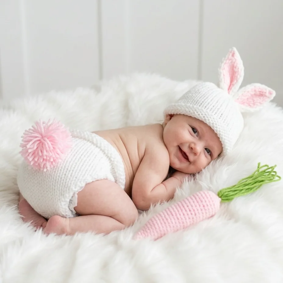Niedliches Neugeborenen-Fotografie-Requisiten-Geschenkset, gestrickte Cartoon-Shorts mit rosa Häschenmuster, Hut, Karotte, Neugeborenen-Fotoshooting-Kostüm, Geschenk zur Babyparty