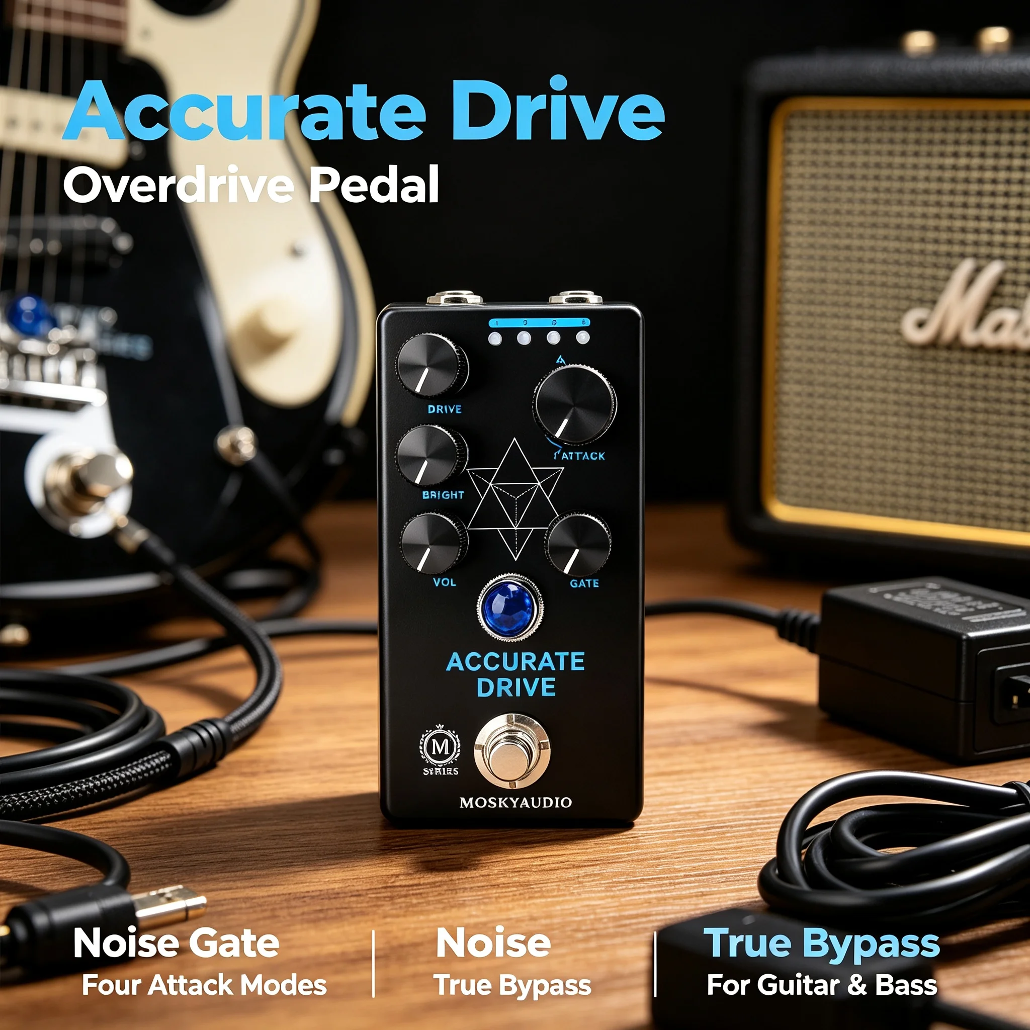 Mosky Accurate Drive Guitar Bass Overdrive Pedal 4-Mode Noise Gate Built-In True Bypass Preamp for Preamp Placement