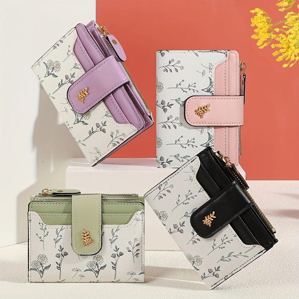 

Elegant Floral Print Hardware Button Double Fold Wallet
