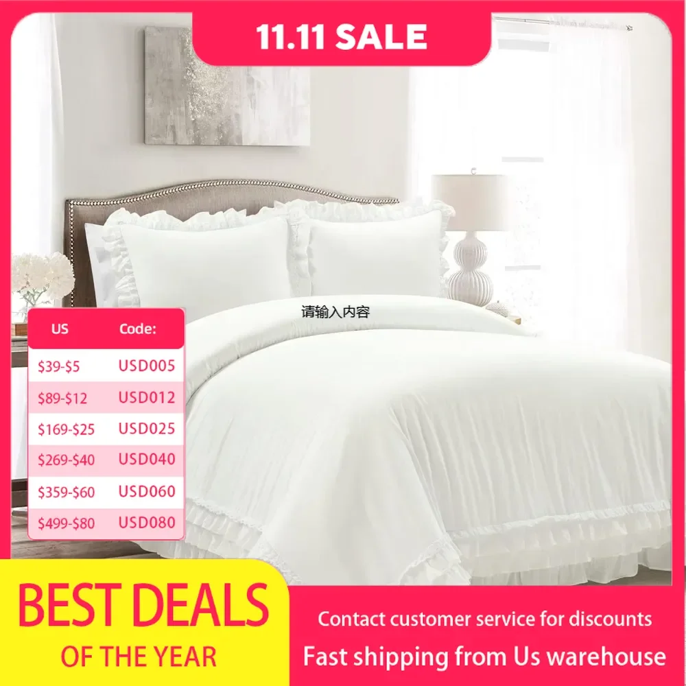 Ruffle Lace 100% Cotton 3 Piece Duvet Cover Set,Lace & Ruffle Detail , Includes One Duvet Cover, Two Pillow Shams King, White