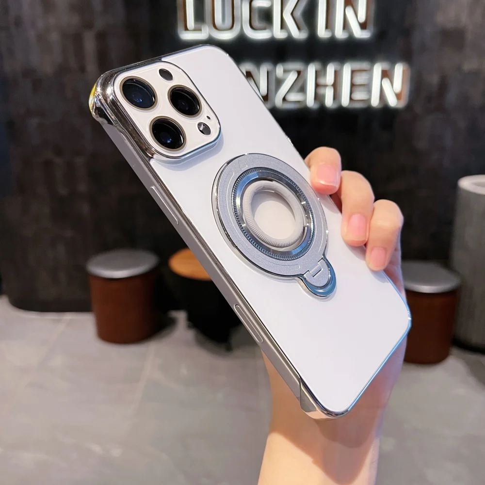 

Borderless PC Hard Case for iPhone 17 16 15 14 Pro Max -Bare Phone Feel 360 Magnetic Rot Stand Wireless Charge Screen Protection