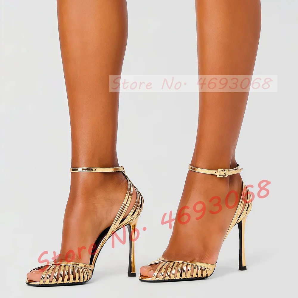 Gold Cage Peep Toe High Heels Sandals Women Stylish Silver Mirror Leather Cut Out Stilettos Ladies Elegant Cross Strap Sandals
