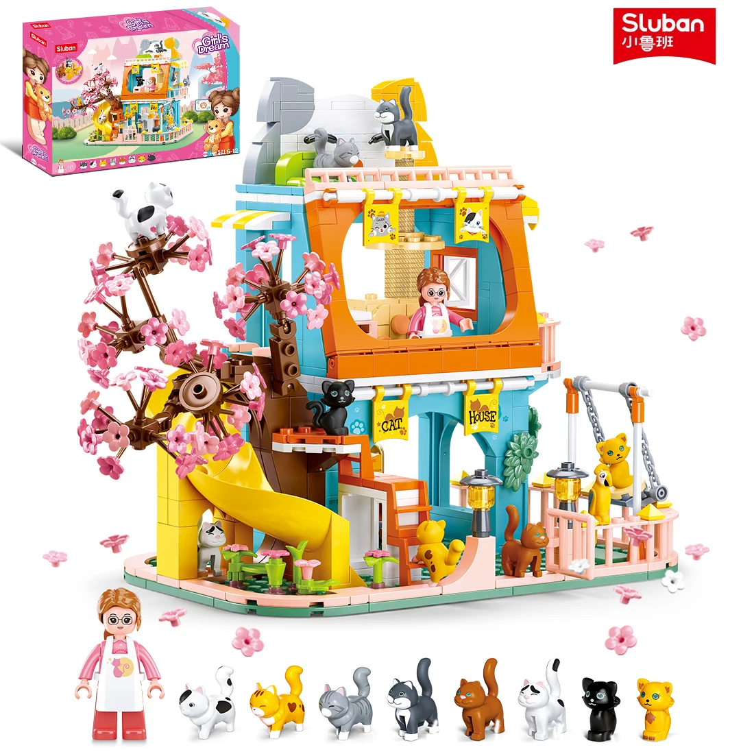 521PCS Cute Cat House Building Blocks Slide Cherry Tree Building Model Bricks Set With Mini Dolls Kids DIY Toys Holiday Gifts