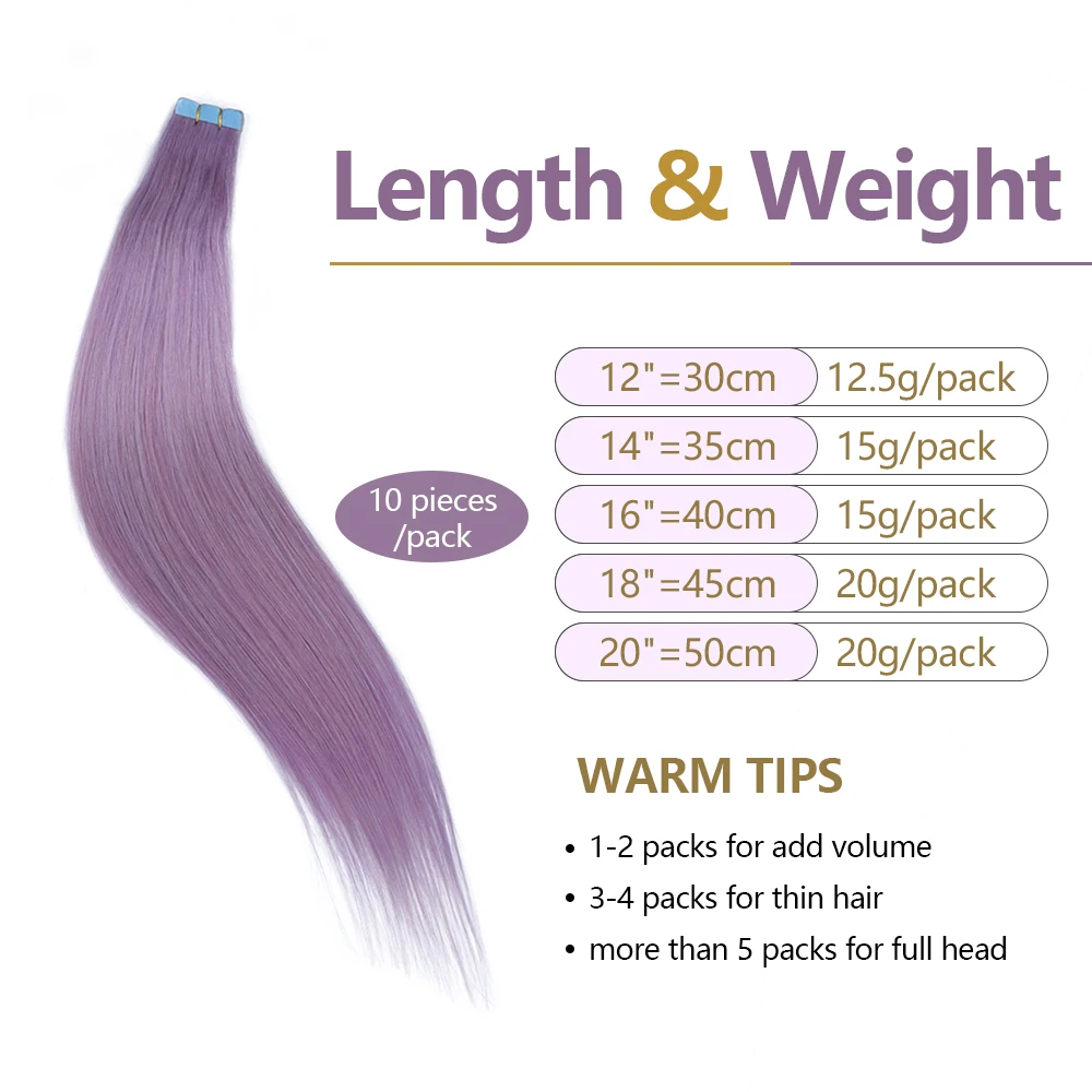 ضوء الأرجواني شريط صغير في وصلات الشعر لحمة الجلد ضعف الجانب غير مرئية سلس الشريط في الشعر 12-20 بوصة 10 قطعة/الحزمة #3